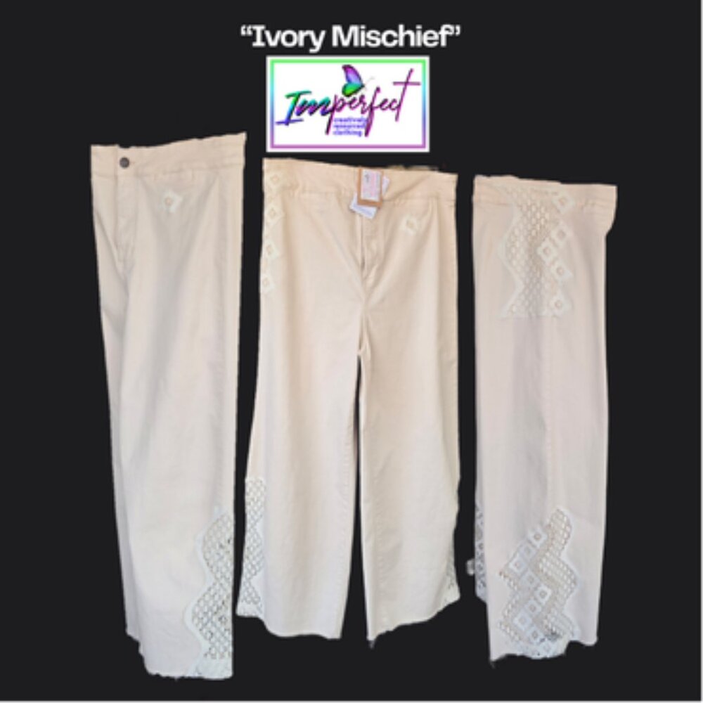 Upcycled  wide leg ivory pants with lace